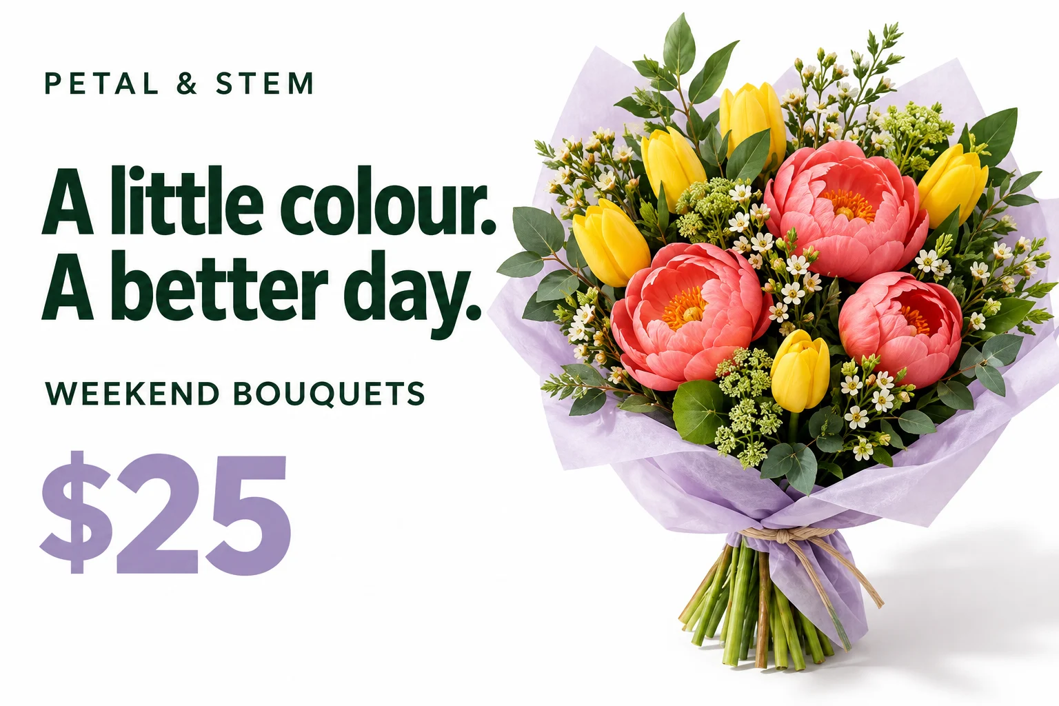 Petal and Stem weekend bouquets for $25, with coral and yellow flowers.