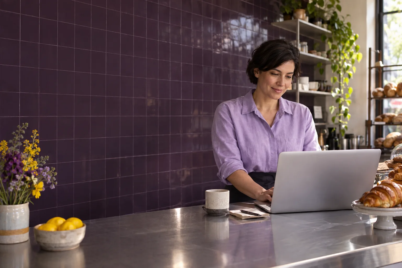 Illustrative neighbourhood bakery owner working at her counter.